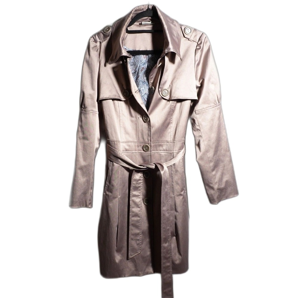 Georgiou Studio Tan Metallic Trench Coat Jacket Womens 8 Y2K Pockets Glam